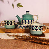 Hand Painted Turquoise Checkered Tea Set With Kettle | Ceramic Tea Kettle Set With 2 Cups, 150ml Each + 1 Kettle, 400ml + 1 Tray | 4 Pieces - Microwave Safe & Dishwasher Safe